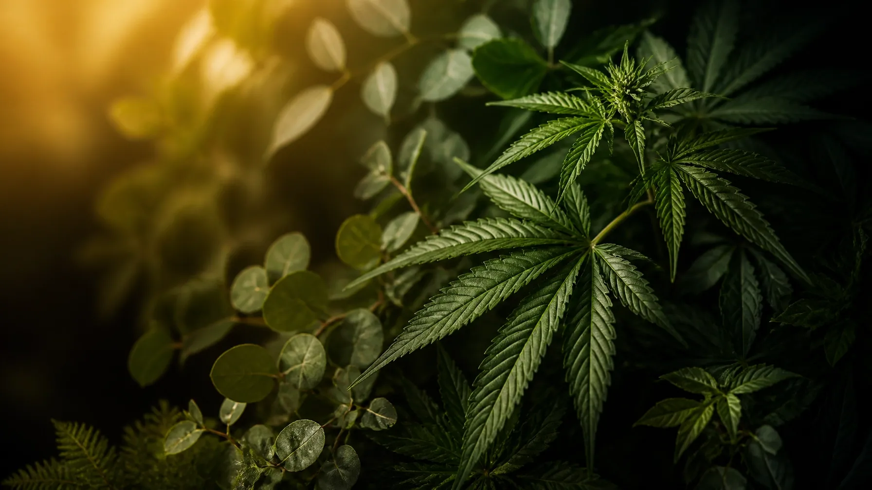 Fresh cannabis leaves in warm golden light